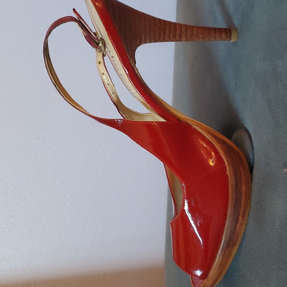 Cathy Jean red paten leather back strap heels